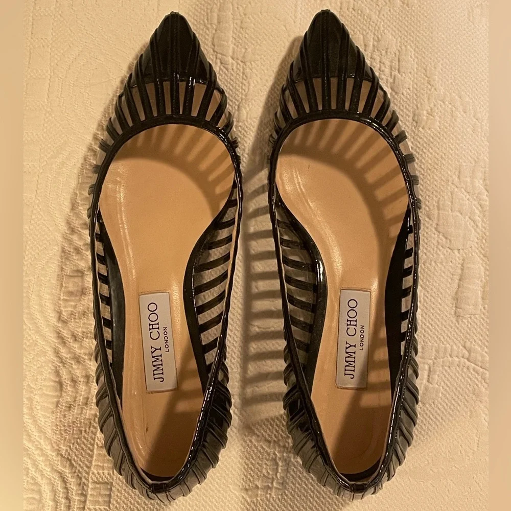 Jimmy Choo Black Patent Caged Pointed Toe Flats